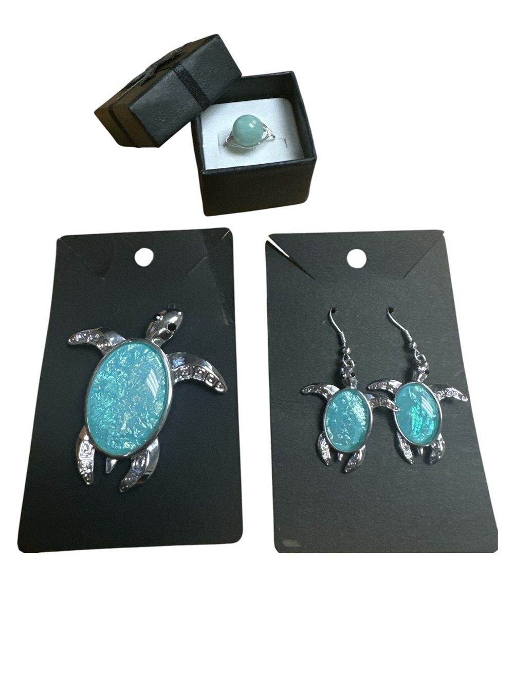 Sea Turtle Jewelry Set - Aqua pendant, earrings and genuine Agate ring